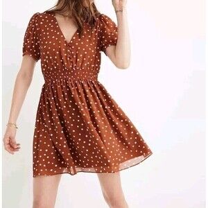 Madewell Smocked Waist Mini Dress Inkspot Dots Button-Front V Neck Dress Size XS